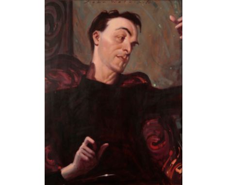 *JOHN WATKISS (B. 1961) A portrait study of Derek Jarman the sitter depicted seated in a red chair in an interior, signed and