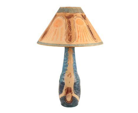 QUENTIN BELL (1910-1996)  FOR FULHAM POTTERY: A painted table lamp and shade the pottery lamp of gently tapering form, decora