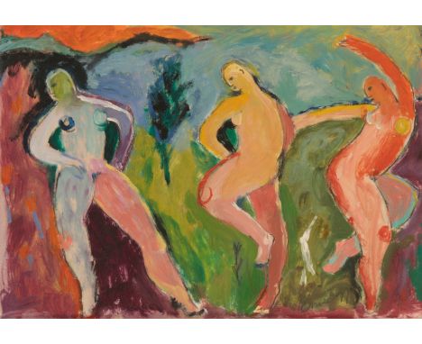 *SARAH BOWMAN (Contemporary) 'Playing the Field' Stylised nudes dancing in a landscape, signed and dated '97 lower right, mix