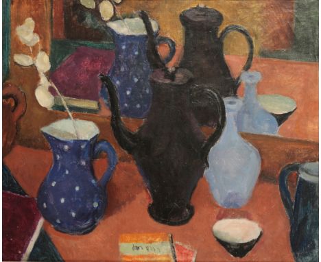 *MILDRED BENDALL (1891-1977) Still life study a black tea or coffee pot, a blue and white spotted vase, a pale blue vase, a t