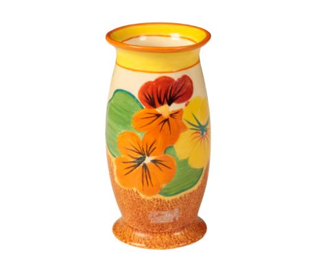 CLARICE CLIFF FOR NEWPORT POTTERY: A 'NASTURTIUM' PATTERN VASE the body painted with multi-coloured flowers, the base with bl