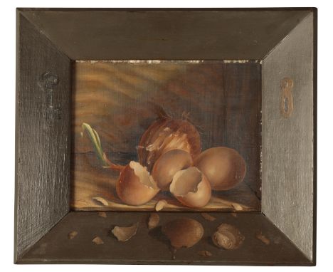 *PETER STEBBING (20th century) 'Still life with broken eggs' monogrammed lower left, in trompe-l'oeil style painted frame, oi