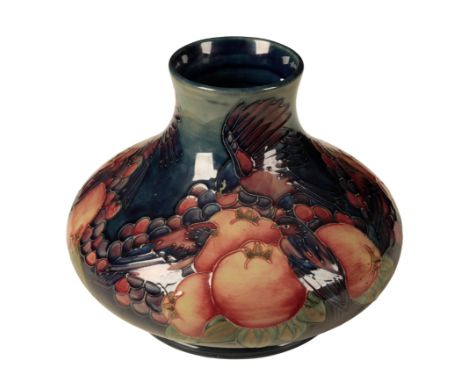 MOORCROFT: A 'FINCHES AND FRUIT' PATTERN BULBOUS VASE impressed marks and arrow mark for 1990 to the underside, other painted