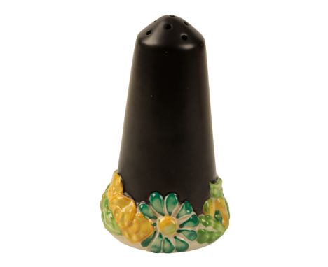 CLARICE CLIFF FOR WILKINSON LTD: A 'MY GARDEN' DESIGN SUGAR SIFTER in the rare black colour way, relief moulded with stylised