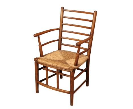 LIBERTY &amp; CO: AN ARTS AND CRAFTS LADDER BACK ELBOW CHAIR double side stretchers and two vertical slender wooden slats joi