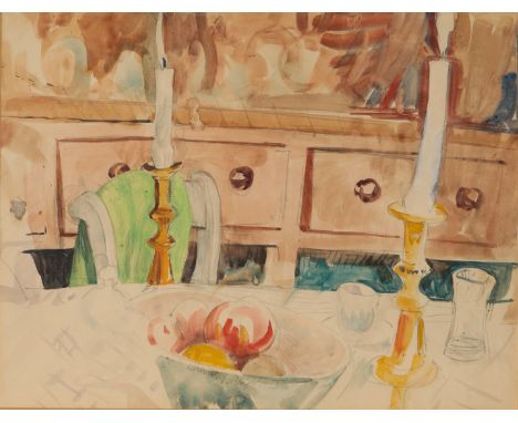 *EDNA CLARKE-HALL (1879-1979) Still life study of candlesticks and fruit on a table in an interior watercolour and pencil, 29