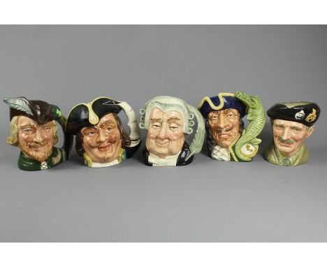 Collection of Royal Doulton character mugs, including Robin Hood D6527, Monty (unnumbered), Captain Hook D6597, The Lawyer D6