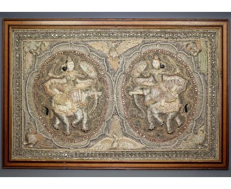 Thai Batik panel embroidery, depicting an elephant procession, approx 77 x 125 cms, together with a Chinese bird embroidery a