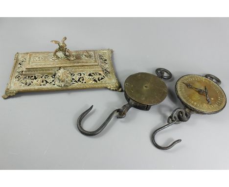 Two Salters brass weighing scales, including Salter's Spring Balance No20M and Salter's Brass Scales Silvester's patent, toge