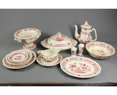 A Mason 'Manchu' pink porcelain part dinner service; including one fruit bowl on stem with handles to the sides approx 24 dia