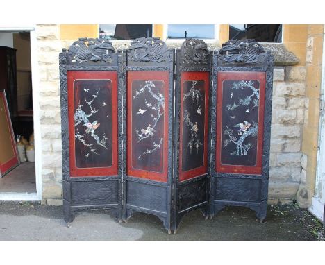 A Chinese four panel room screen, with decorative mother of pearl inlay depicting a bird of prey, approx 185 h each panel mea