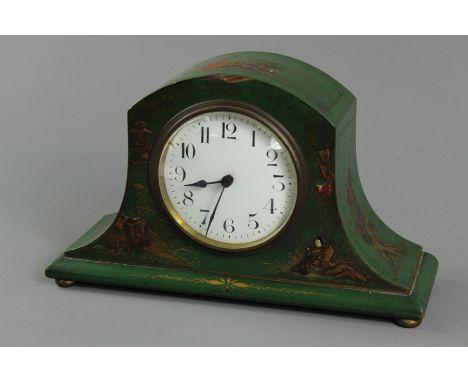 A French Japanned mantel clock, green decoration with landscape views, white enamel face with numeric dial, approx 9.5 x 21 x