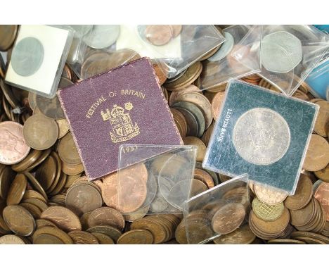 A large quantity of vintage miscellaneous GB coins, including copper and nickel and Festival of Britain and commemorative coi