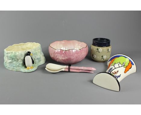 Miscellaneous porcelain, including a fruit bowl, Sylvac bowl, ceramic tobacco jar, Art Deco wall vase. (4)