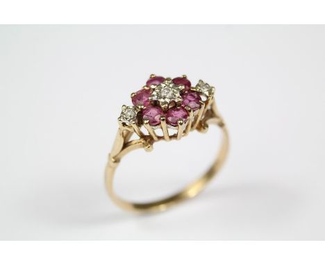 Antique 9ct yellow gold ruby and diamond ring, the ring set with six rubies approx 2.8mm and 4 pts of dias, size P+, approx 2