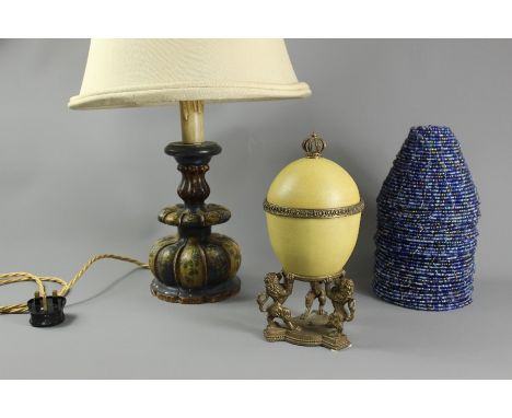 20th century lamp base, approx 23 cms with a cream shade together with a contemporary crackle-glaze oval egg container approx