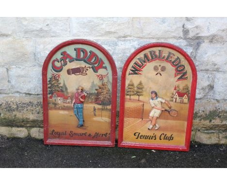 Vintage wood sporting panels, including a golfing panel 'Caddy - loyal, smart and alert' and 'Wimbledon Tennis Club'. (2)