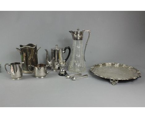 Small quantity of silver plate, including claret jug, tray, wine cooler, coffee pot, sugar bowl, trophy, two sugar tongs, sau