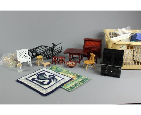 A box of dolls house accessories, including light bulbs, furniture, wrought staircase, fabric, mirrors etc.