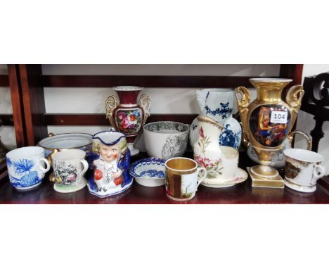 GOOD SHELF LOT OF ANTIQUE CERAMICS