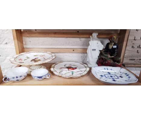 SHELF LOT OF ANTIQUE HAND PAINTED CHINA, DOULTON FIGURE &amp; WORCESTER FIGURE