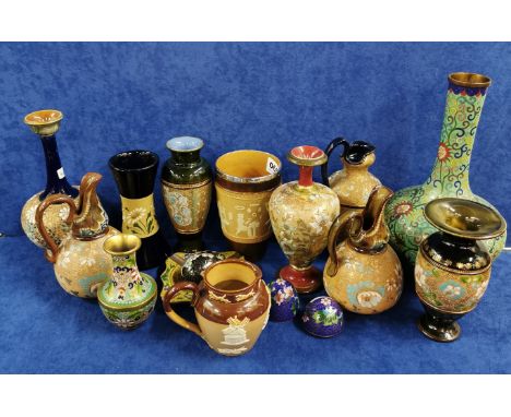 SHELF LOT OF DOULTON LAMBETH WARE TO INCLUDE CLOISONNE