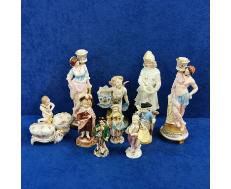 SHELF LOT OF CONTINENTAL FIGURES TO INCLUDE ANTIQUE FIGUREENS