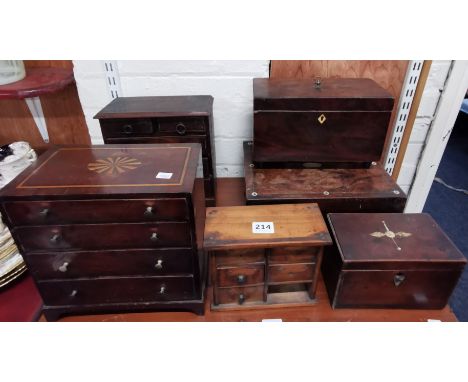 QUANTITY OF MINIATURE CHESTS OF DRAWERS, BOXES &amp; GEORGIAN TEA CADDY