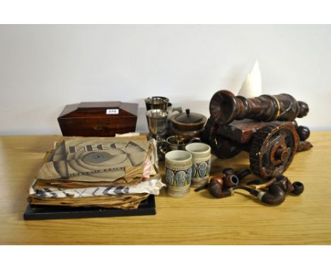 A mahogany caddy and other items.