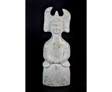 An unusual Chinese carved jade/hardstone figure of a woman in Tang Dynasty dress, H. 27cm.