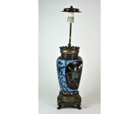 An early 20th century cloisonné table lamp on a gilt mounted base, H. 58cm.
