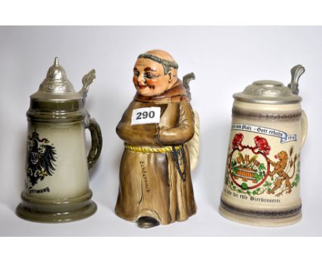 An unusual German ceramic monk beer stein and two others.