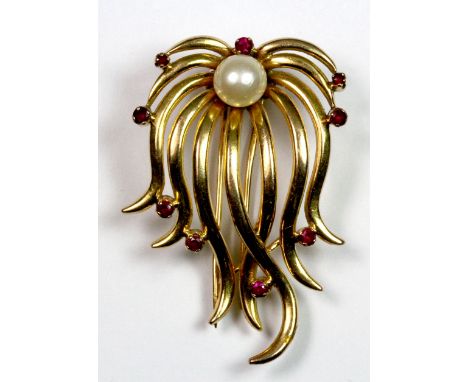 A heavy Arabic hallmarked yellow metal (tested high carat gold) ruby and cultured pearl brooch, approx. 16g.