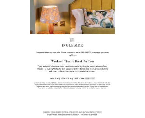 Weekend Theatre Break for Two, Cirencester.

Enjoy Ingleside's boutique hotel experience and a night at the award winning Bar