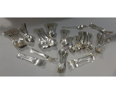 A quantity of 19th century English silver flatware, mainly Fiddle pattern, various dates and makers
Comprising: five tablespo