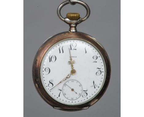 A silver cased Omega pocket watch
The white enamelled dial with Arabic numerals and subsidiary sweep seconds dial.  5 cm wide