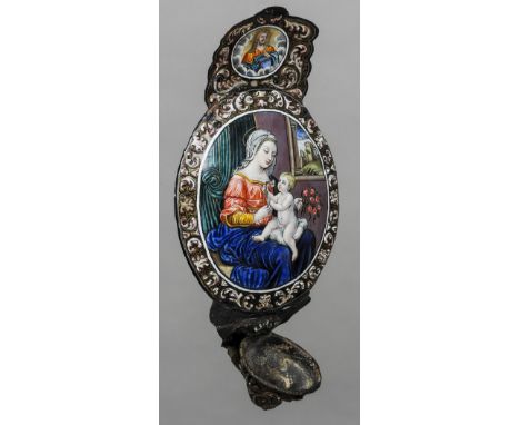 An early Limoges enamel water stoop
Of typical form, with vignettes of God and the Virgin Mary with the Christ child, the rev