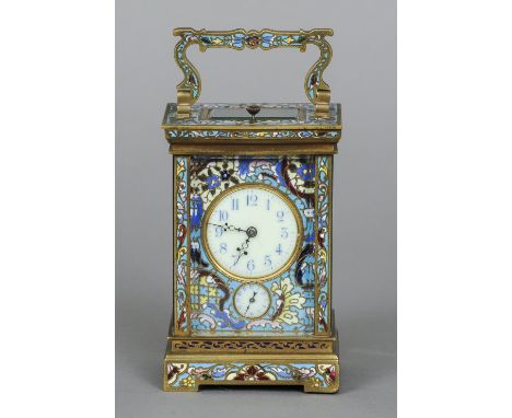 A champleve cased repeating carriage alarm clock
The white painted dial with Arabic numerals above a subsidiary alarm dial, t