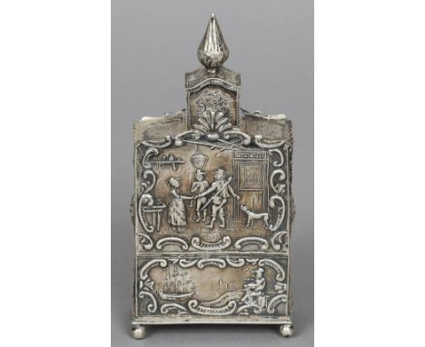 A Continental white metal tea caddy, possibly Dutch
The body embossed with various figural vignettes, standing on ball feet, 