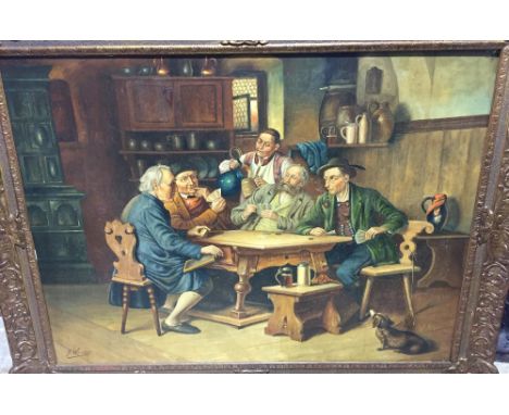 G. WERNER (19th/20th century) Continental
Tavern Interior with Figures Playing Cards
Oil on canvas
Signed
118.5 x 89 cm, fram