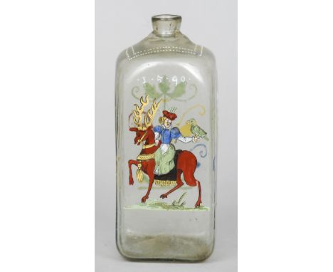A Dutch blown glass flask
Of square section enamelled with a lady falconer riding a stag beneath the date 1.5.90, the three r