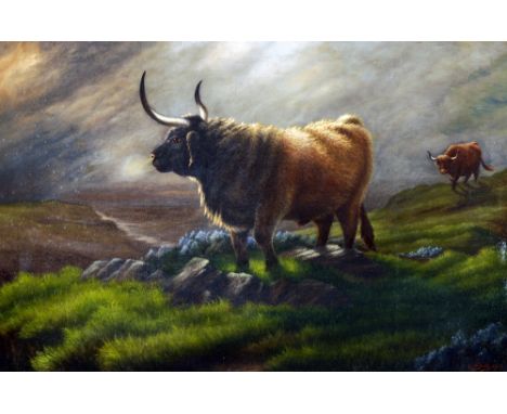 BRITISH SCHOOL (19th/20th century)
Long Horned Cattle in a Highland Landscape
Oil on canvas
Signed and dated 1907
90 x 59.5 c
