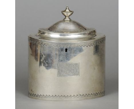 A George III silver tea caddy, hallmarked London 1799, maker's mark of Henry Nutting or Hannah Northcote
Of oval section with