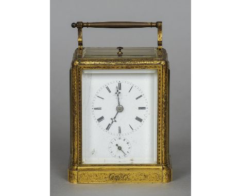 Paul Garnier, a 19th century French gilt brass cased repeating carriage alarm clock
The signed white painted dial with Roman 