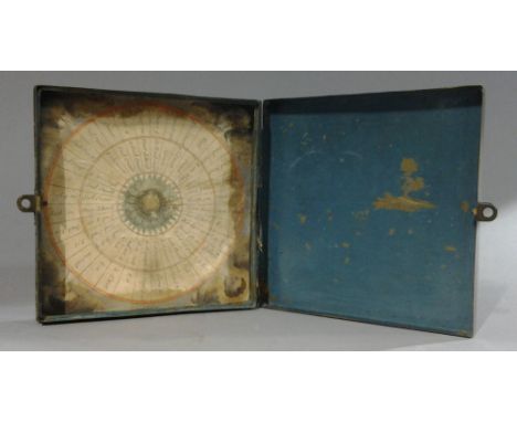 An Antique compass
The brass case enclosing the coloured paper dial.  14 cm wide. CONDITION REPORTS: Some scuffing and scratc