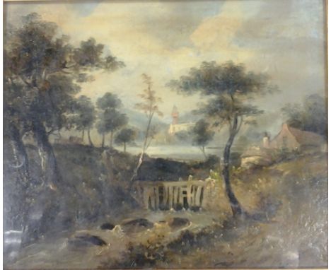 Manner of PATRICK NASMYTH (1787-1831) British
Rocky Stream in a Landscape
Oil on panel
Old label to verso
30 x 24.5 cm, frame