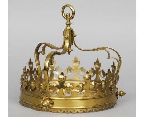 A brass hanging light fitting
Formed as a crown.  24.5 cm diameter. CONDITION REPORTS: Some slight misshaping, general wear.