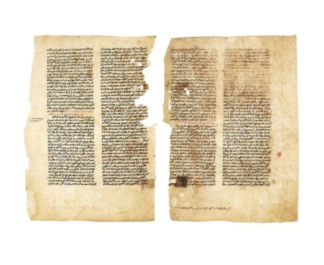 Two leaves from a commentary citing Aristotle, Physica and Metaphysica, in Latin, manuscript on parchment [probably France, t