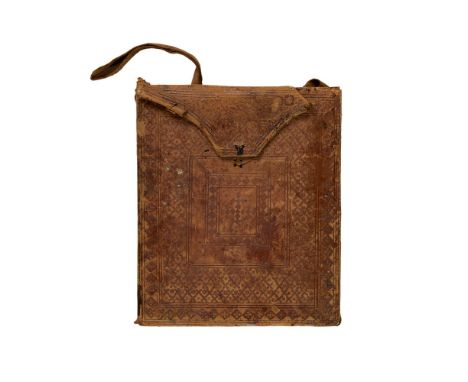 Ornately tooled carrying case, probably for a ledger, made up from manuscript leaves from fourteenth-century paper documents 