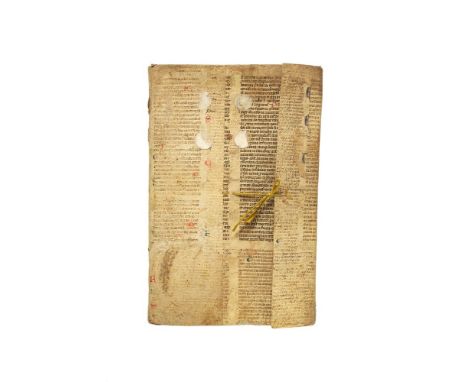 Wallet binding for documents formed from a bifolium from a legal codex in Latin on parchment, and another cutting from same c